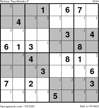 The grouppuzzles.com Medium SuperSudoku-8 puzzle for Saturday September 5, 2026 with the first 3 steps marked