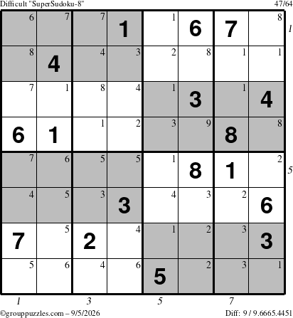 The grouppuzzles.com Difficult SuperSudoku-8 puzzle for Saturday September 5, 2026 with all 9 steps marked