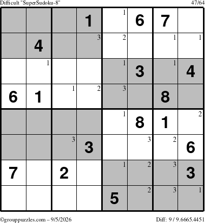 The grouppuzzles.com Difficult SuperSudoku-8 puzzle for Saturday September 5, 2026 with the first 3 steps marked