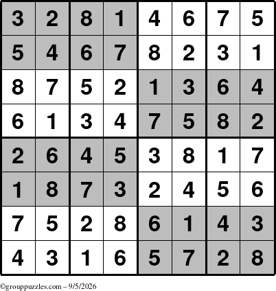 The grouppuzzles.com Answer grid for the SuperSudoku-8 puzzle for Saturday September 5, 2026