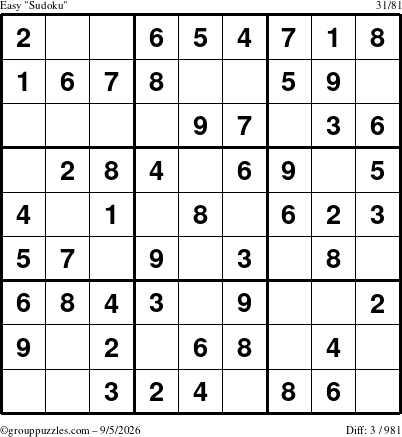 The grouppuzzles.com Easy Sudoku puzzle for Saturday September 5, 2026
