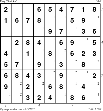 The grouppuzzles.com Easy Sudoku puzzle for Saturday September 5, 2026 with all 3 steps marked