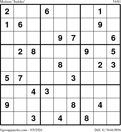 The grouppuzzles.com Medium Sudoku puzzle for Saturday September 5, 2026