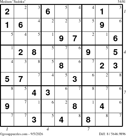The grouppuzzles.com Medium Sudoku puzzle for Saturday September 5, 2026, suitable for printing, with all 8 steps marked