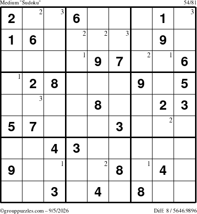 The grouppuzzles.com Medium Sudoku puzzle for Saturday September 5, 2026 with the first 3 steps marked