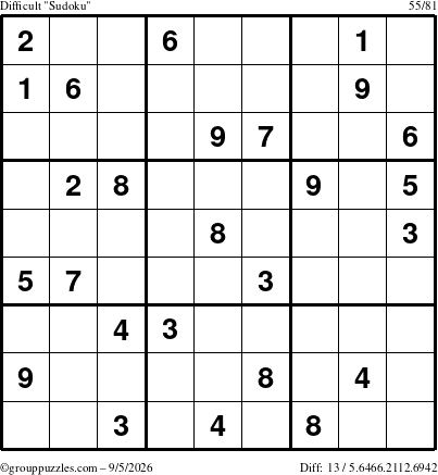 The grouppuzzles.com Difficult Sudoku puzzle for Saturday September 5, 2026