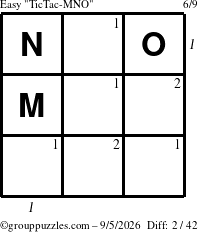 The grouppuzzles.com Easy TicTac-MNO puzzle for Saturday September 5, 2026 with all 2 steps marked