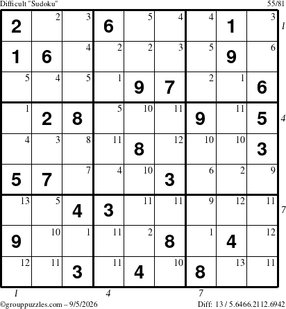 The grouppuzzles.com Difficult Sudoku puzzle for Saturday September 5, 2026, suitable for printing, with all 13 steps marked