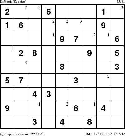 The grouppuzzles.com Difficult Sudoku puzzle for Saturday September 5, 2026 with the first 3 steps marked