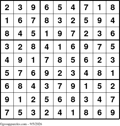 The grouppuzzles.com Answer grid for the Sudoku puzzle for Saturday September 5, 2026