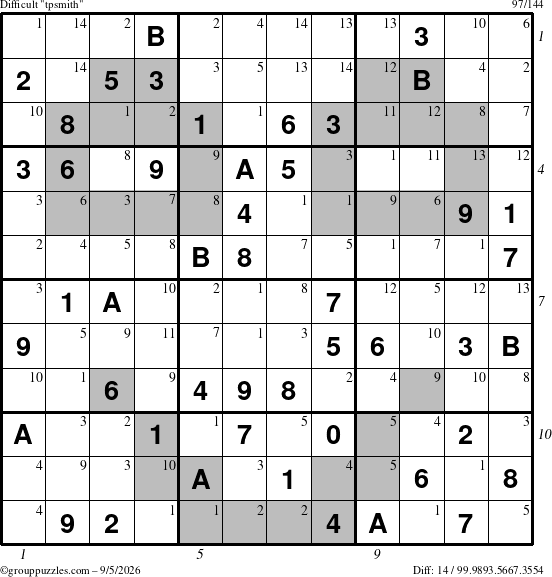 The grouppuzzles.com Difficult tpsmith puzzle for Saturday September 5, 2026, suitable for printing, with all 14 steps marked