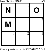 The grouppuzzles.com Easy TicTac-MNO puzzle for Saturday September 5, 2026 with the first 2 steps marked