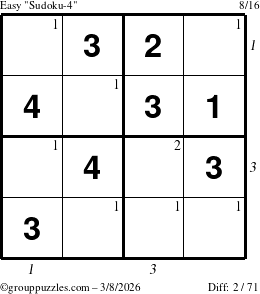 The grouppuzzles.com Easy Sudoku-4 puzzle for Sunday March 8, 2026, suitable for printing, with all 2 steps marked