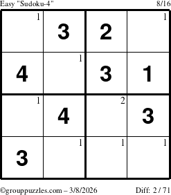 The grouppuzzles.com Easy Sudoku-4 puzzle for Sunday March 8, 2026 with the first 2 steps marked