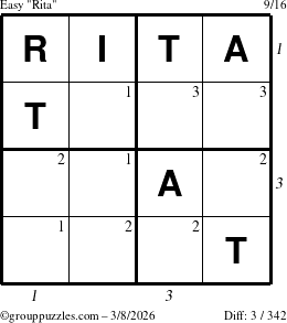 The grouppuzzles.com Easy Rita puzzle for Sunday March 8, 2026, suitable for printing, with all 3 steps marked