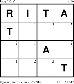 The grouppuzzles.com Easy Rita puzzle for Sunday March 8, 2026 with the first 3 steps marked