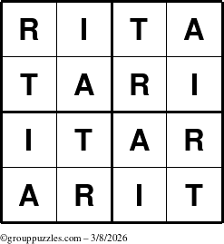 The grouppuzzles.com Answer grid for the Rita puzzle for Sunday March 8, 2026