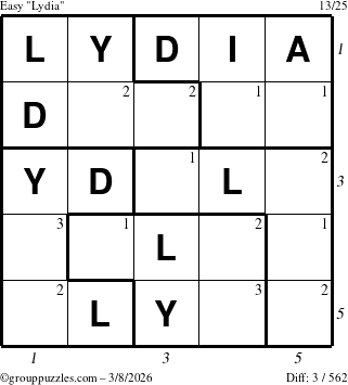 The grouppuzzles.com Easy Lydia puzzle for Sunday March 8, 2026 with all 3 steps marked