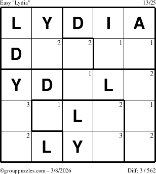 The grouppuzzles.com Easy Lydia puzzle for Sunday March 8, 2026 with the first 3 steps marked