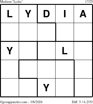 The grouppuzzles.com Medium Lydia puzzle for Sunday March 8, 2026