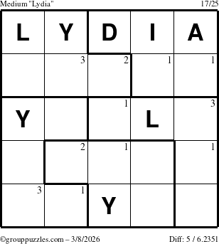 The grouppuzzles.com Medium Lydia puzzle for Sunday March 8, 2026 with the first 3 steps marked