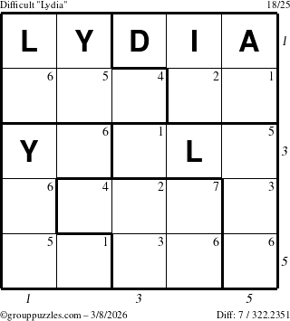 The grouppuzzles.com Difficult Lydia puzzle for Sunday March 8, 2026 with all 7 steps marked