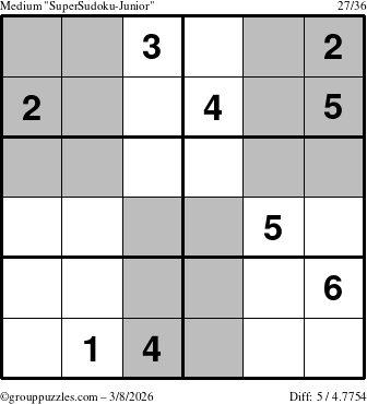 The grouppuzzles.com Medium SuperSudoku-Junior puzzle for Sunday March 8, 2026