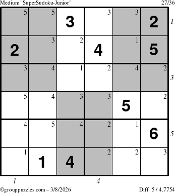 The grouppuzzles.com Medium SuperSudoku-Junior puzzle for Sunday March 8, 2026 with all 5 steps marked