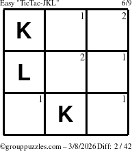 The grouppuzzles.com Easy TicTac-JKL puzzle for Sunday March 8, 2026 with the first 2 steps marked