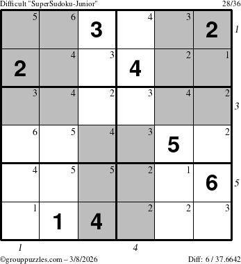 The grouppuzzles.com Difficult SuperSudoku-Junior puzzle for Sunday March 8, 2026, suitable for printing, with all 6 steps marked