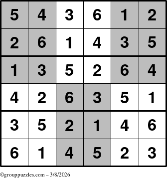 The grouppuzzles.com Answer grid for the SuperSudoku-Junior puzzle for Sunday March 8, 2026