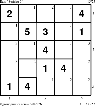 The grouppuzzles.com Easy Sudoku-5 puzzle for Sunday March 8, 2026, suitable for printing, with all 3 steps marked