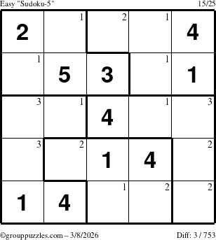 The grouppuzzles.com Easy Sudoku-5 puzzle for Sunday March 8, 2026 with the first 3 steps marked