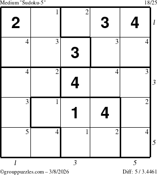 The grouppuzzles.com Medium Sudoku-5 puzzle for Sunday March 8, 2026, suitable for printing, with all 5 steps marked