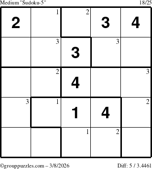 The grouppuzzles.com Medium Sudoku-5 puzzle for Sunday March 8, 2026 with the first 3 steps marked