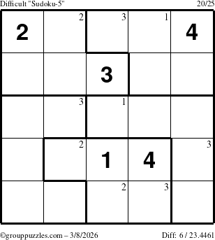 The grouppuzzles.com Difficult Sudoku-5 puzzle for Sunday March 8, 2026 with the first 3 steps marked