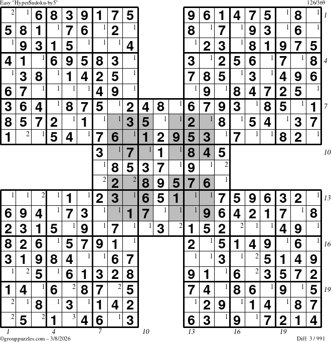 The grouppuzzles.com Easy HyperSudoku-by5 puzzle for Sunday March 8, 2026 with all 3 steps marked