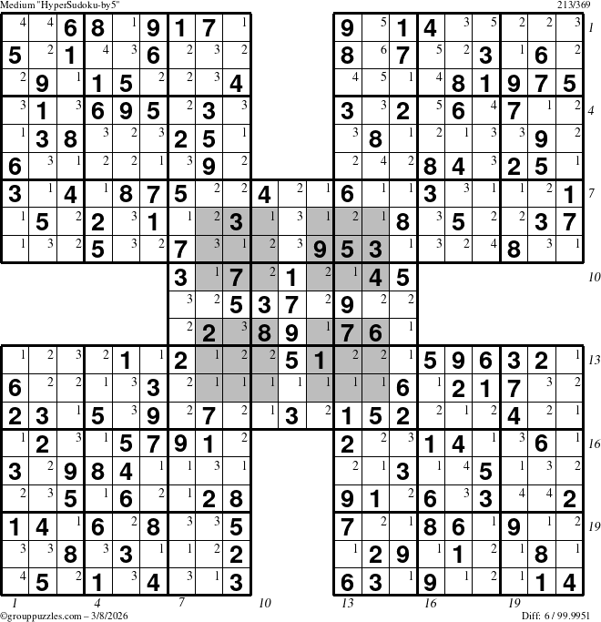 The grouppuzzles.com Medium HyperSudoku-by5 puzzle for Sunday March 8, 2026 with all 6 steps marked