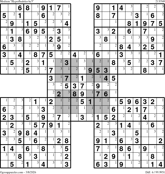 The grouppuzzles.com Medium HyperSudoku-by5 puzzle for Sunday March 8, 2026 with the first 3 steps marked