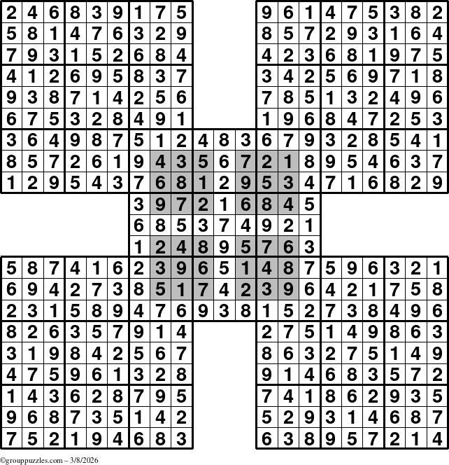 The grouppuzzles.com Answer grid for the HyperSudoku-by5 puzzle for Sunday March 8, 2026
