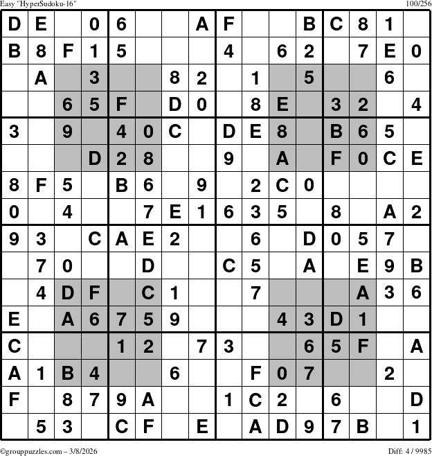 The grouppuzzles.com Easy HyperSudoku-16 puzzle for Sunday March 8, 2026
