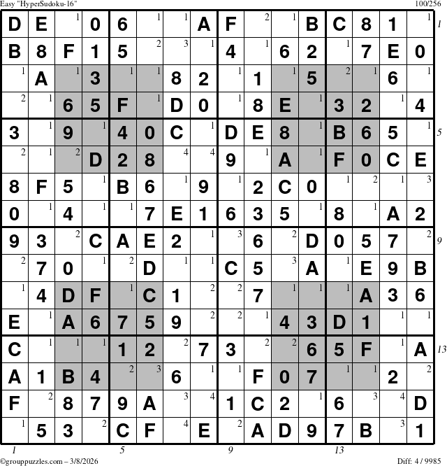 The grouppuzzles.com Easy HyperSudoku-16 puzzle for Sunday March 8, 2026 with all 4 steps marked