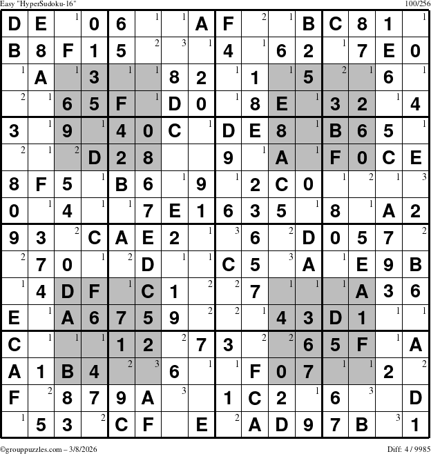 The grouppuzzles.com Easy HyperSudoku-16 puzzle for Sunday March 8, 2026 with the first 3 steps marked