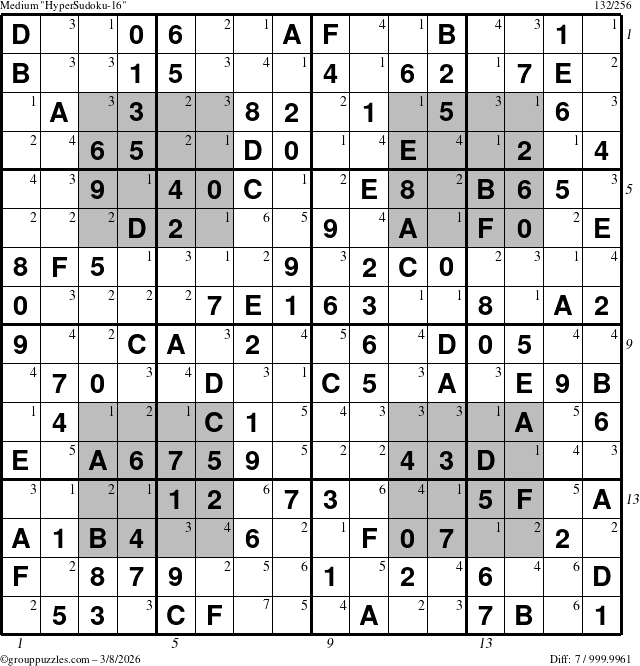 The grouppuzzles.com Medium HyperSudoku-16 puzzle for Sunday March 8, 2026, suitable for printing, with all 7 steps marked