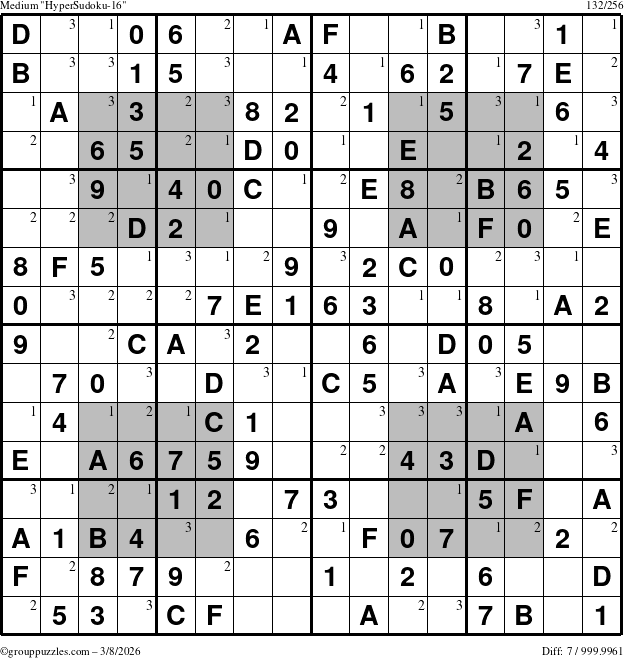 The grouppuzzles.com Medium HyperSudoku-16 puzzle for Sunday March 8, 2026 with the first 3 steps marked