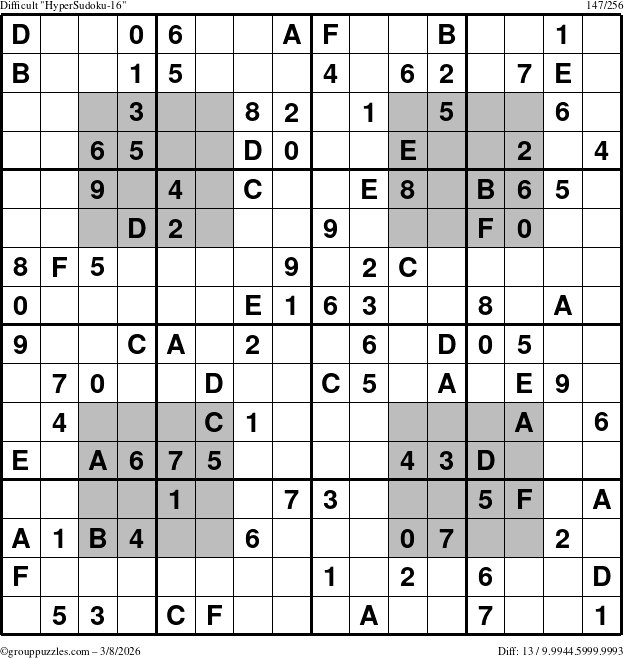The grouppuzzles.com Difficult HyperSudoku-16 puzzle for Sunday March 8, 2026