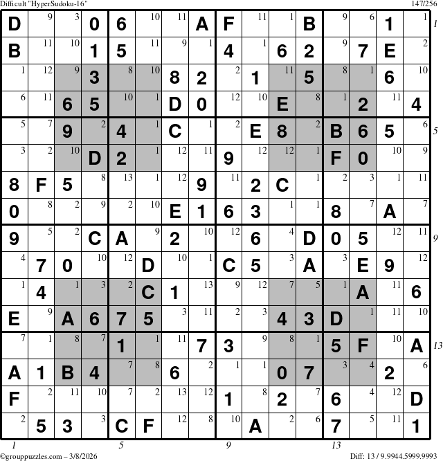 The grouppuzzles.com Difficult HyperSudoku-16 puzzle for Sunday March 8, 2026 with all 13 steps marked