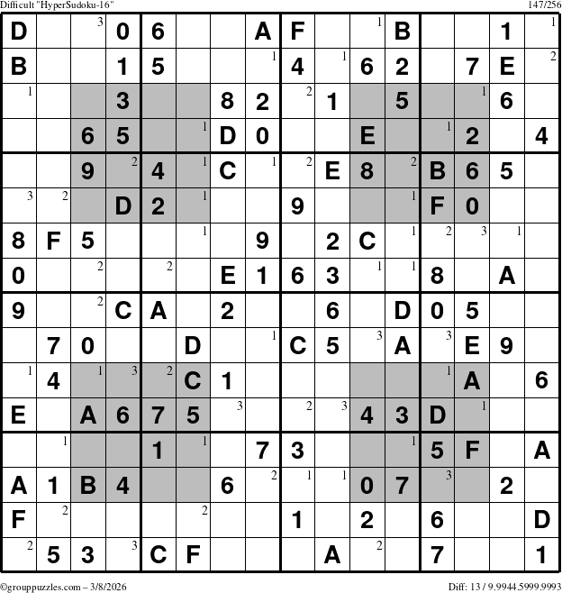 The grouppuzzles.com Difficult HyperSudoku-16 puzzle for Sunday March 8, 2026 with the first 3 steps marked
