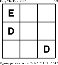 The grouppuzzles.com Easy TicTac-DEF puzzle for Tuesday July 21, 2026