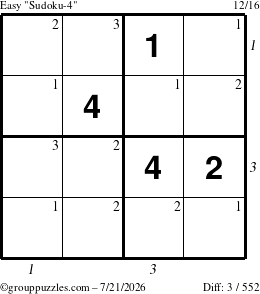 The grouppuzzles.com Easy Sudoku-4 puzzle for Tuesday July 21, 2026, suitable for printing, with all 3 steps marked